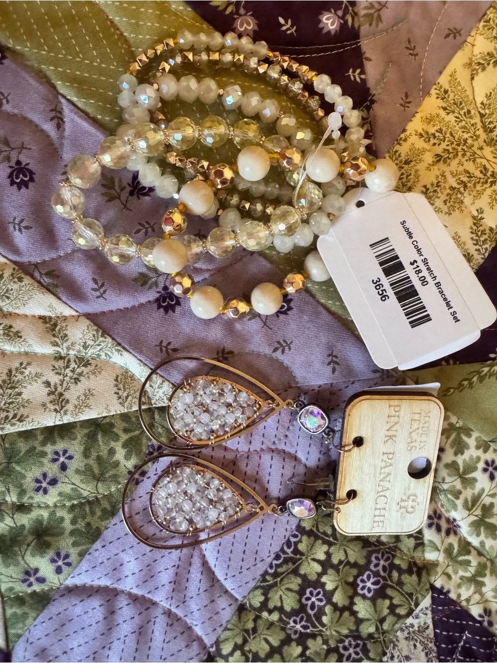 Panache Ivory and Gold Beaded Bracelet Stack with Gold Teardrop Crystal Earrings